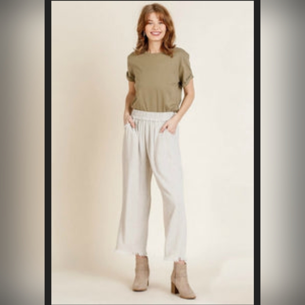 Umgee Wide Leg Linen Blend Frayed Pants - Picture 3 of 7